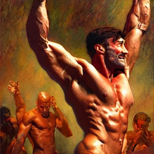 Image similar to muscular hugh jackman performs on broadway, painting by gaston bussiere, craig mullins, j. c. leyendecker, tom of finland