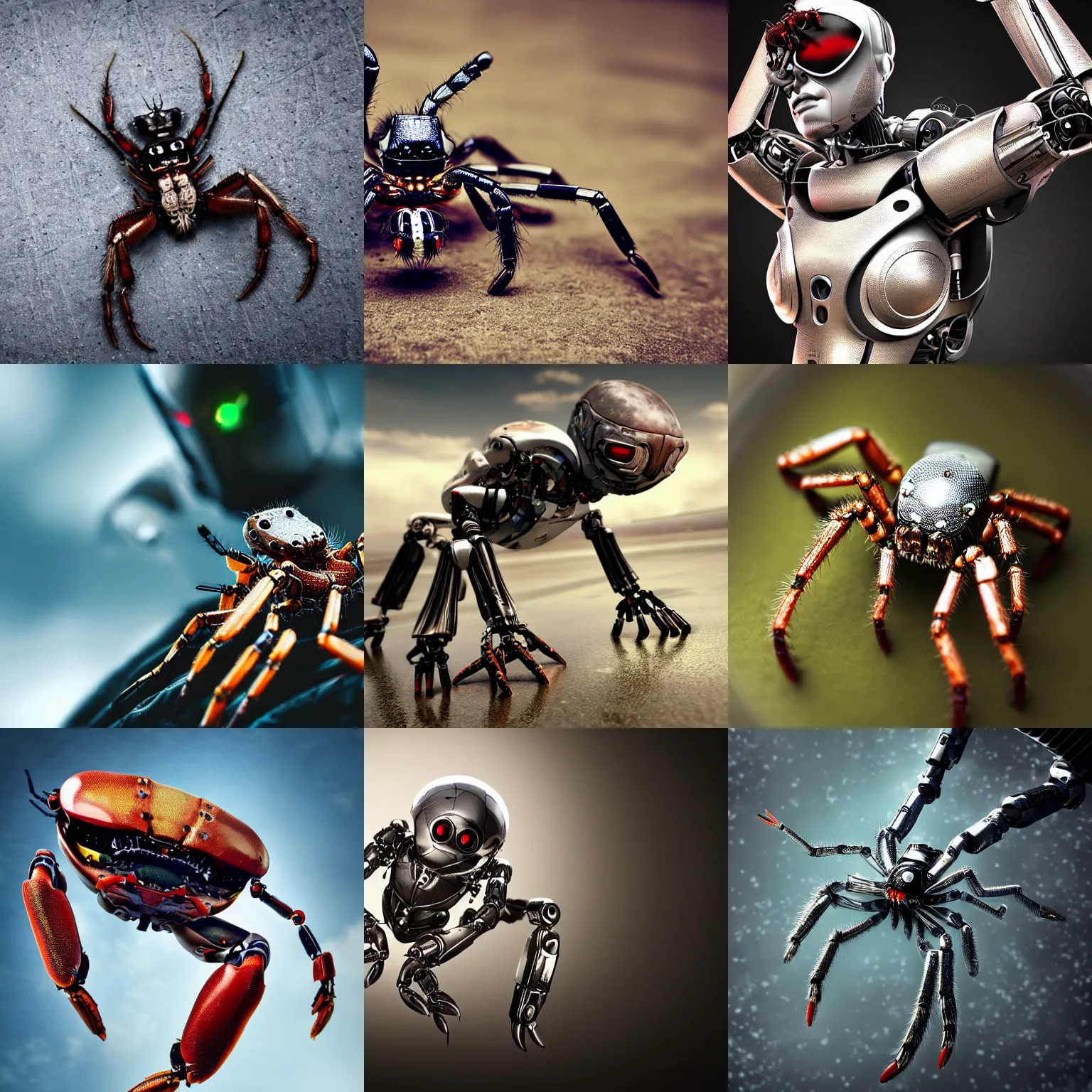 Prompt: cyborg robot, crab, jumping spider, realistic, futuristic, candid shot