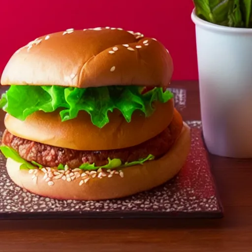 Image similar to synthwave hamburger with a sesame seed bun.