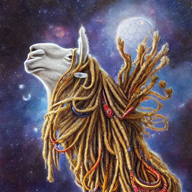 Image similar to llama with dreadlocks, space, by mandy jurgens, ernst haeckel, james jean