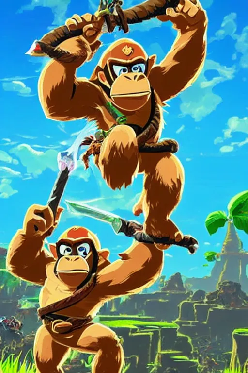 Image similar to an in game portrait of donkey kong from the legend of zelda breath of the wild, breath of the wild art style.