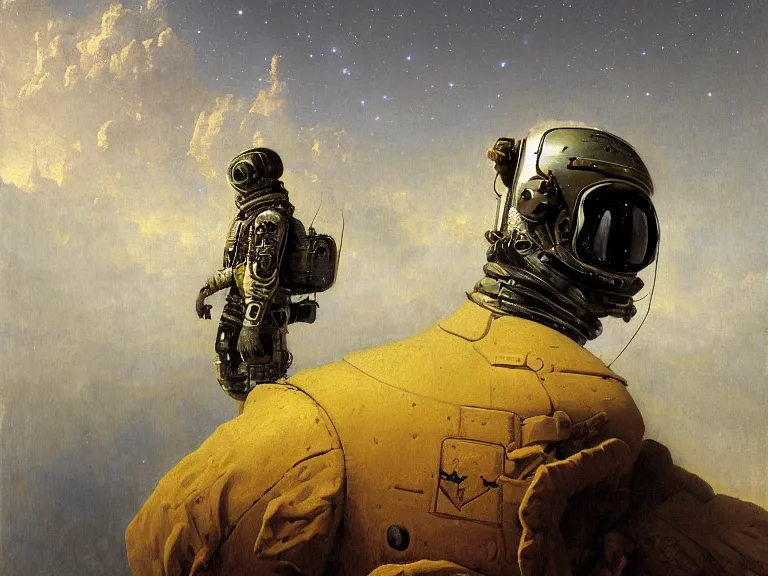 Image similar to a detailed profile oil painting of an advanced soldier in a spacesuit with reflective helmet, advanced technology flight suit, portrait symmetrical and science fiction theme with aurora lighting clouds and stars by beksinski carl spitzweg and tuomas korpi. baroque elements, full-length view. baroque element. intricate artwork by caravaggio. Trending on artstation. 8k