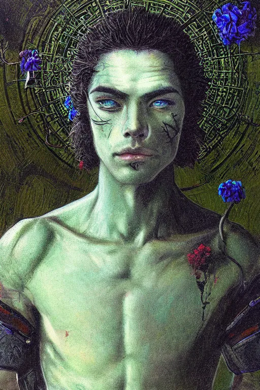 Prompt: portrait of beautiful young man, warhammer, japanic style, cyberpunk, a lot of scars, more and more flowers, blue head, green side, the middle ages, highly detailed, artstation, illustration, art by jean delville, 8 k quality