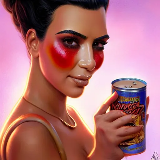 Prompt: Kim Kardashian in clown makeup eating out of a can of baked beans, closeup, D&D, fantasy, intricate, elegant, highly detailed, digital painting, artstation, concept art, matte, sharp focus, illustration, hearthstone, art by Artgerm and Greg Rutkowski and Alphonse Mucha