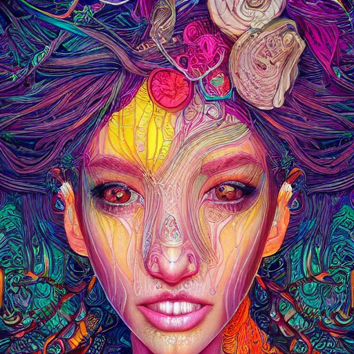 Image similar to the portrait of a ridiculously beautiful and elegant woman partially made of onion rings of all colors, an ultrafine detailed illustration by james jean, final fantasy, intricate linework, bright colors, behance contest winner, vanitas, angular, altermodern, unreal engine 5 highly rendered, global illumination, radiant light, detailed and intricate environment