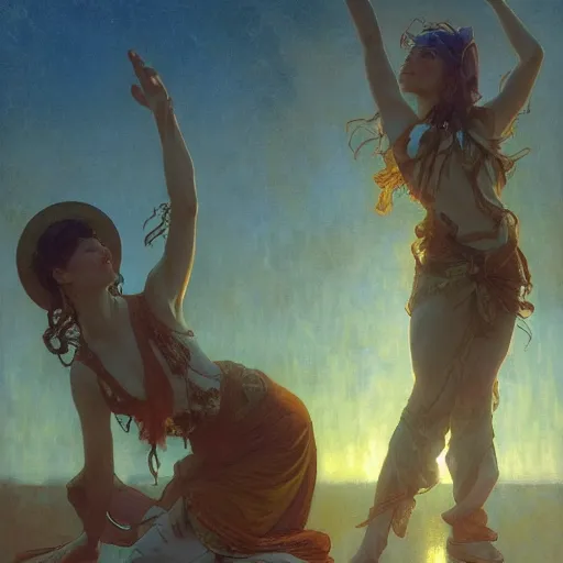 Prompt: concept art, air dancers by farmer's market, 8 k, by james gurney, greg rutkowski, and john howe, background of the sky at dusk by alphonse mucha, artstation