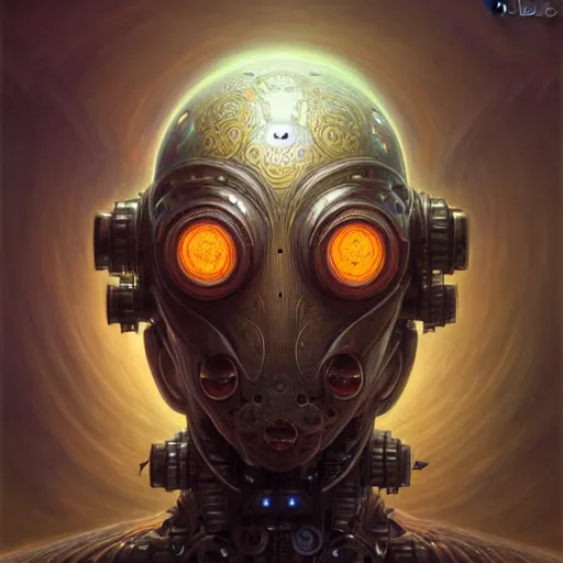 Image similar to low angle shot of a fractal cyberpunk gazmask robot character, intricate, elegant, highly detailed, centered, digital painting, artstation, concept art, smooth, sharp focus, illustration, artgerm, Tomasz Alen Kopera, Peter Mohrbacher, donato giancola, Joseph Christian Leyendecker, WLOP, Boris Vallejo