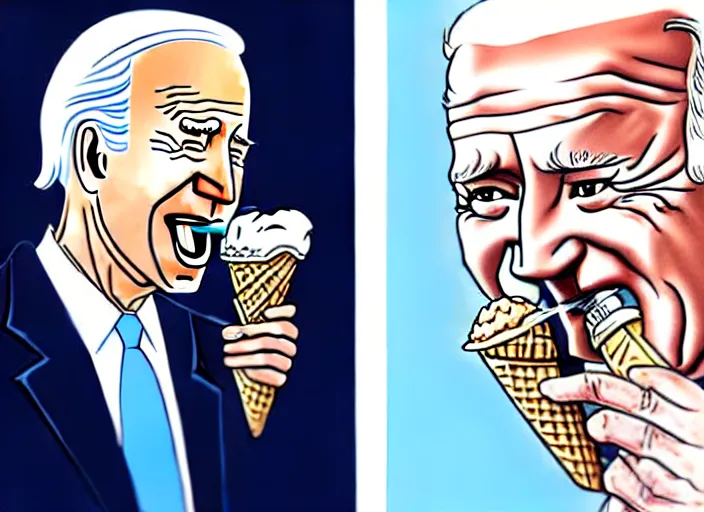 Prompt: joe biden eating ice cream scoop on a ice cream cone, political cartoon, high detail