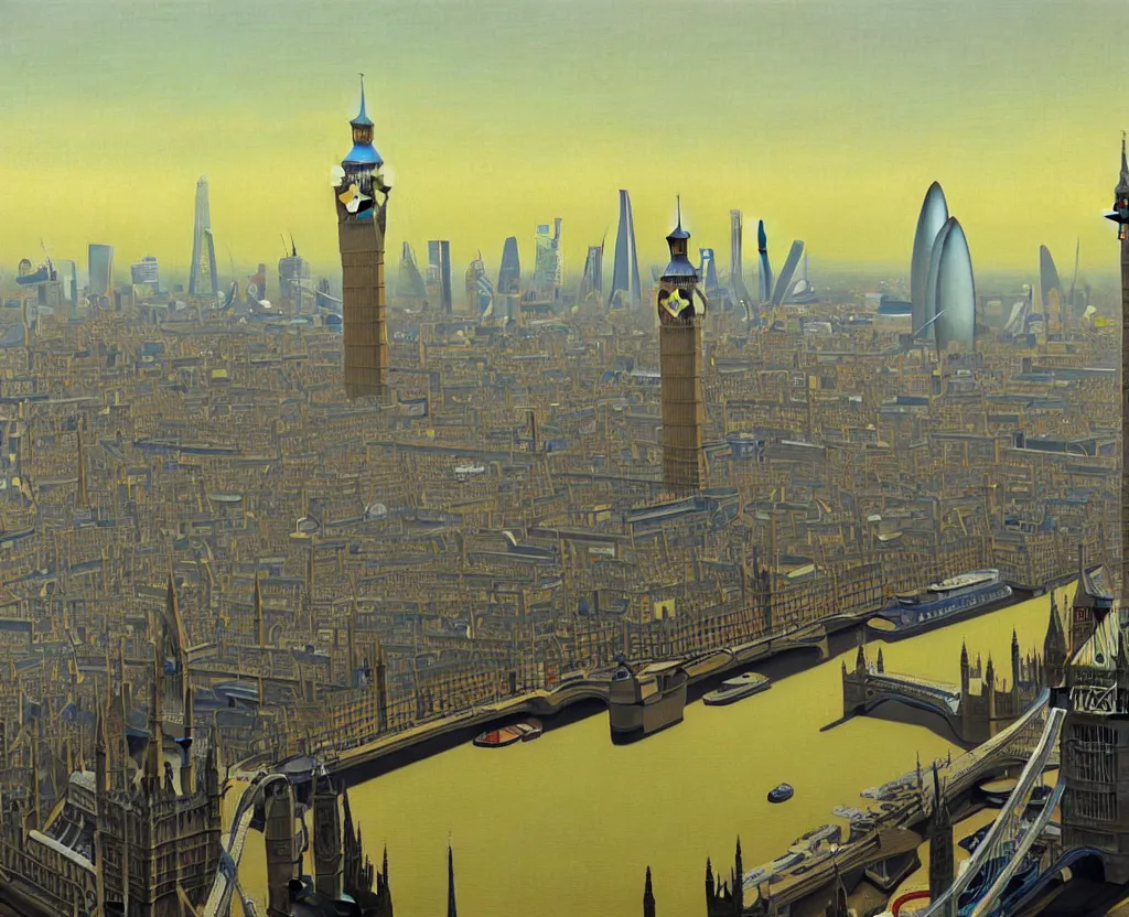 Prompt: achingly beautiful oil painting of london by kawase, hopper, and dali. detailed, intricate.