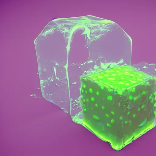 Prompt: a gelatinous cube from dnd with bones floating in it, translucent green slime cube filled with bones, 3d render, unreal engine, volumetric lighting, artstation