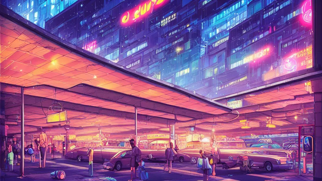 Image similar to bus terminal in the the city at night by cyril rolando and naomi okubo and dan mumford. flying cars. advertisements. neon.