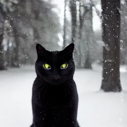 Image similar to Award winning photo of a black cat in a snowy forest at afternoon, lens flare, bokeh, telephoto