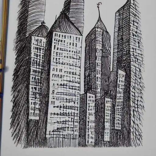 Image similar to ! dream buildings, drawing by dr seuss, with towers, bridges, stairs