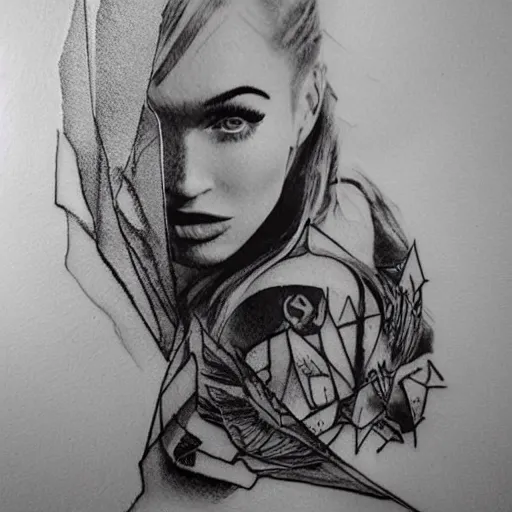 Image similar to megan fox as beautiful mountains, double exposure effect, medium sized tattoo sketch, amazing detail, trending on pinterest, in the style of dan mountford