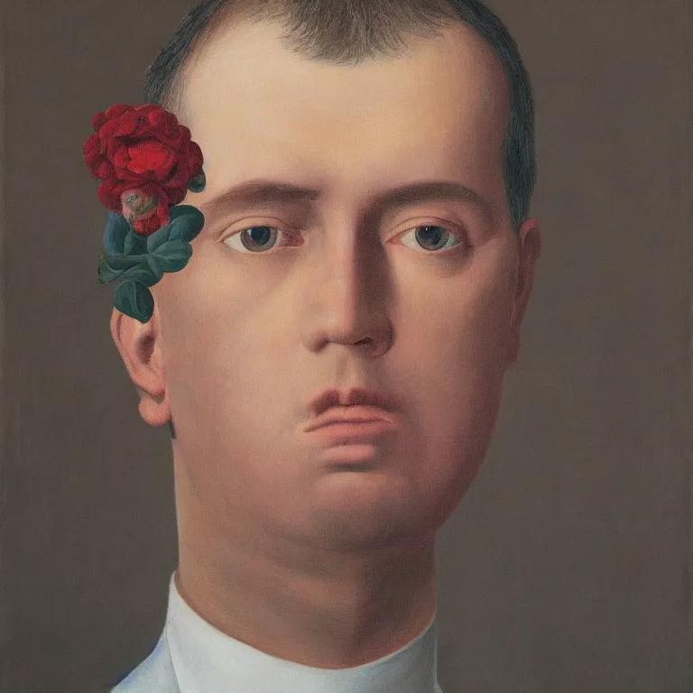 Image similar to portrait of a man, beautiful flowers replaced his head, by rene magritte, detailed painting, hd, hq, high resolution, high detail, 4 k, 8 k