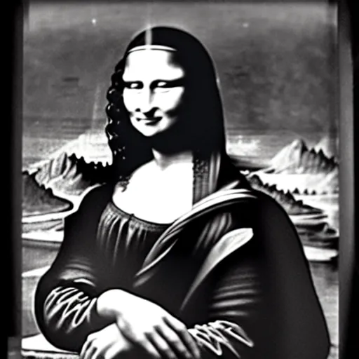 Prompt: Mona Lisa watching over ancient machines, 35mm found footage, occult underexposed photography by Edward Weston