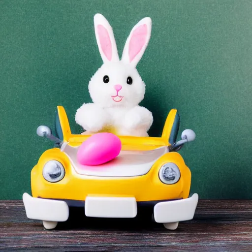 Image similar to easter bunny riding a convertible, studio photo, high quality