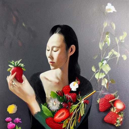 Image similar to “art in an Australian artist’s apartment, portrait of a woman wearing black silk cloth, eating luscious fresh raspberries and strawberries and blueberries, white wax, edible flowers, Japanese pottery, Australian native flannel flowers ikebana, black walls, acrylic and spray paint and oilstick on canvas”