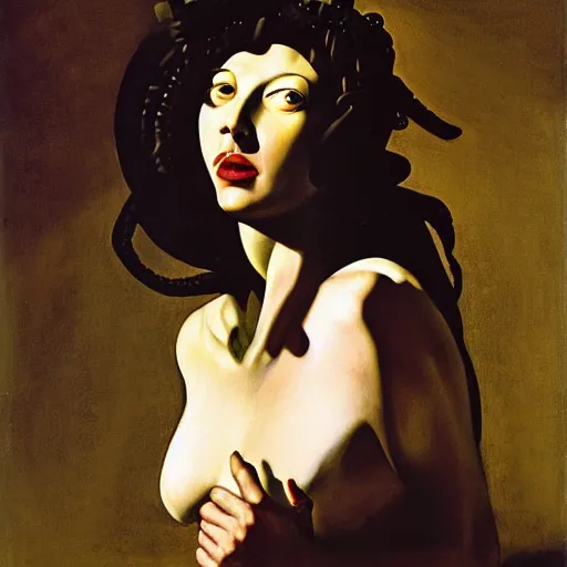 Image similar to Marjorie Taylor Greene painted as Medusa by Caravaggio