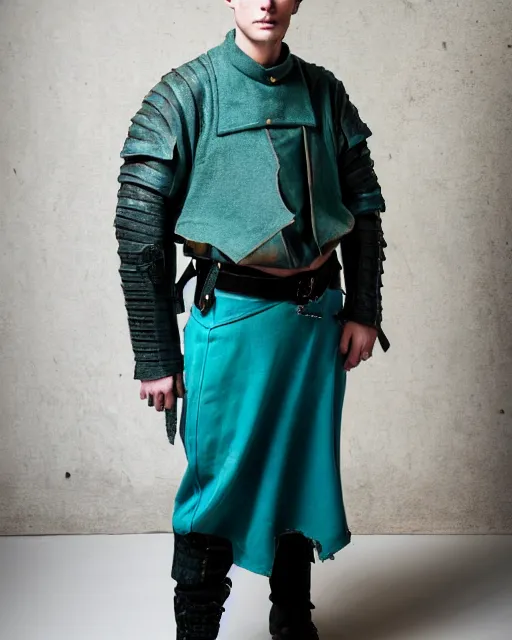 Prompt: an award - winning photo of a male model wearing a plain baggy teal distressed medieval designer menswear dutch police jacket slightly inspired by medieval armour designed by raf simons, 4 k, studio lighting, wide angle lens