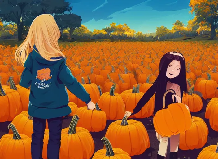 Image similar to little girl with long blonde hair visiting a pumpkin patch. clean cel shaded vector art. shutterstock. behance hd by lois van baarle, artgerm, helen huang, by makoto shinkai and ilya kuvshinov, rossdraws, illustration, art by ilya kuvshinov