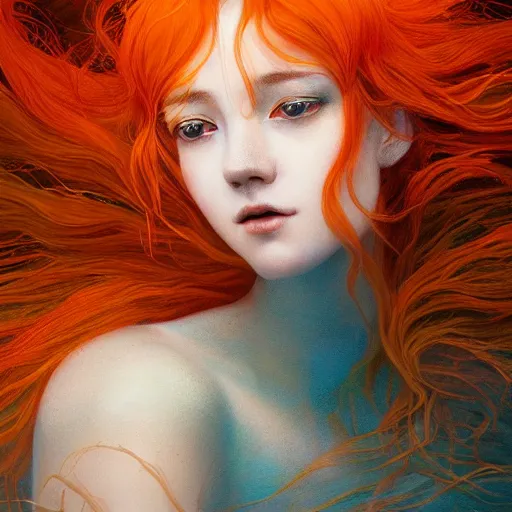 Image similar to breathtakingly detailed concept art painting portrait of goddess sinking into the sea, carrot colored hair, orthodox saint, full body, gorgeous background, created by hsiao - ron cheng, very moody lighting, 8 k