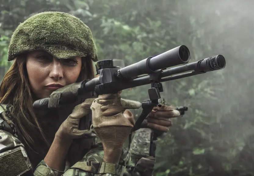 Image similar to female tactical sniper hiding in the jungle artwork rain diffuse elegant prefect symmetrical focus foggy mist