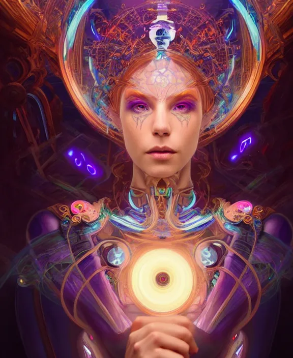 Image similar to a whirlwind of souls rushing inside the metaverse, half body, glowin eye, tiara with sapphire, pharaoh, android, cyborg, cyberpunk face, d & d, fantasy, intricate, elegant, highly detailed, colorful, vivid color, digital painting, artstation, concept art, art by artgerm and greg rutkowski and alphonse mucha and ruan jia