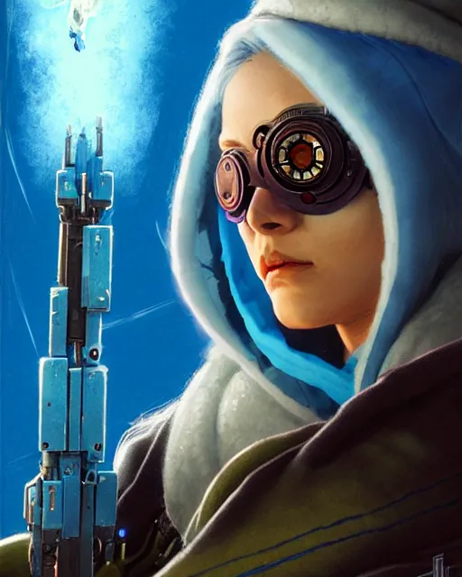 Image similar to ana from overwatch, eye patch, white hair, hooded blue cloak, character portrait, portrait, close up, concept art, intricate details, highly detailed, vintage sci - fi poster, in the style of chris foss, rodger dean, moebius, michael whelan, and gustave dore