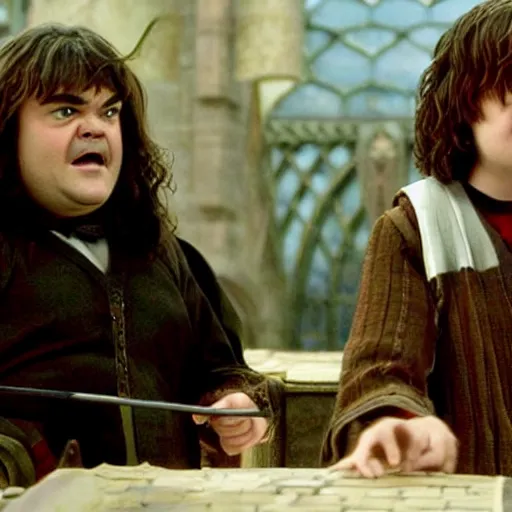 Prompt: Jack Black playing Hermoine in the Harry Potter films