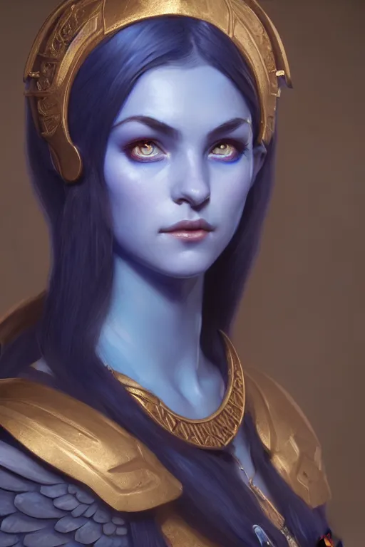 Image similar to a portrait of a Tiefling with blue skin and wings , illustration, soft lighting, soft details, painting oil on canvas by Edmund Blair Leighton and Charlie Bowater octane render trending on artstation d&d characters, 4k, 8k, HD