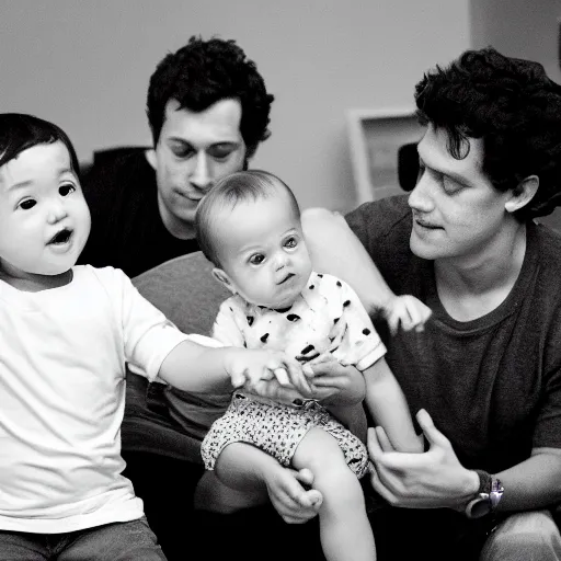 Image similar to baby mark zuckerberg and john mayer playing nintendo with their parents and their best friends look on. 3 k, depth of field, bokeh