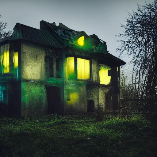 Image similar to abandoned house with green light emitting from the windows, it is night, very dark, volumetric lighting