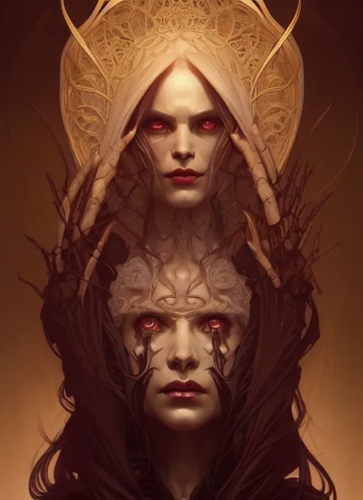 Image similar to symmetry!! portrait of female sinister hades, mithology, intricate, highly detailed, dynamic lighting, digital art, digital painting, artstation, wlop, sharp focus, illustration, art by artgerm and greg rutkowski and alphonse mucha, 8 k