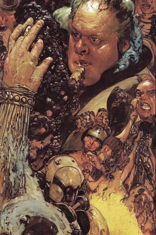 Image similar to baron harkonnen, plain background, painted by jack kirby, lawrence alma tadema, norman rockwell, greg staples, wayne barlow, neville page