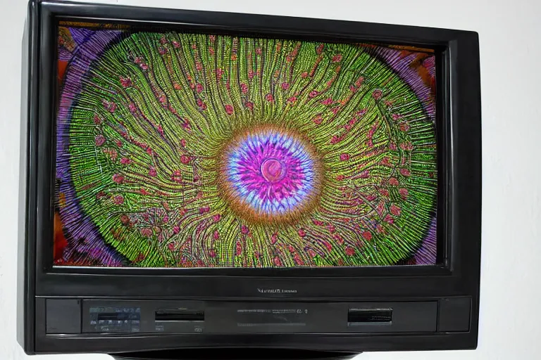 Image similar to nerve plant on an old crt television, by alex grey and ernst haeckel