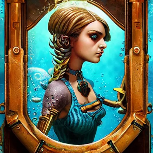 Prompt: lofi underwater bioshock steampunk portrait of mermaid, Pixar style, by Tristan Eaton Stanley Artgerm and Tom Bagshaw.