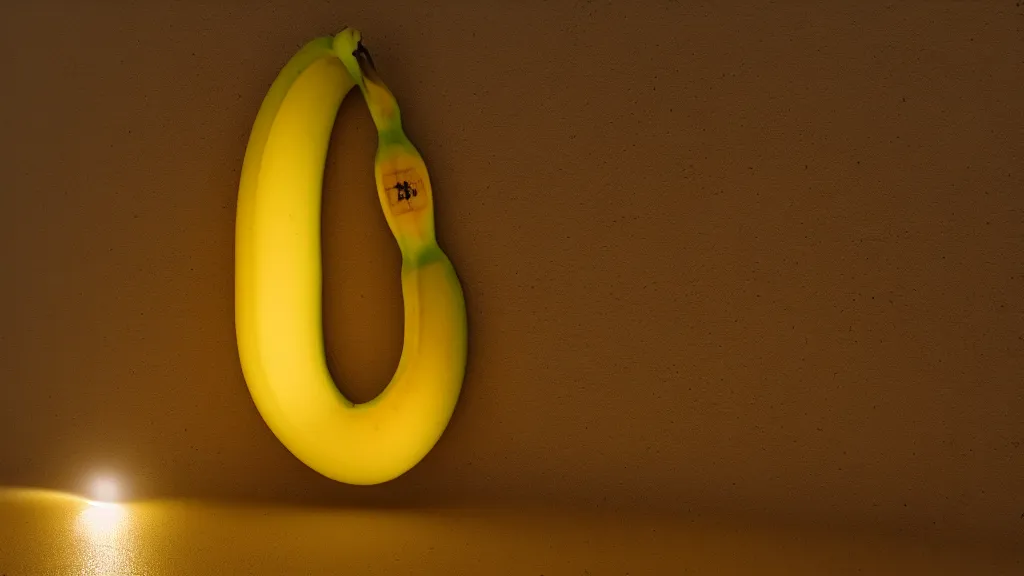 Image similar to a banana, hyperdimensional, 8 k, rim lighting, led, lumen global illumination, opaque, glowing, rubber, ray tracing reflections