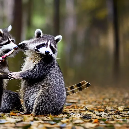 Image similar to photo of two raccoons wearing suits, fighting over drumstick, award winning national geographic photograph