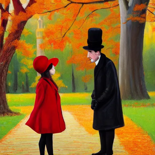 Prompt: A thin man in a black coat and bowler hat talks with small girl who is dressed in a red coat and a red hat, park, autumn, oil painting style, wide angle, high detail, width 768