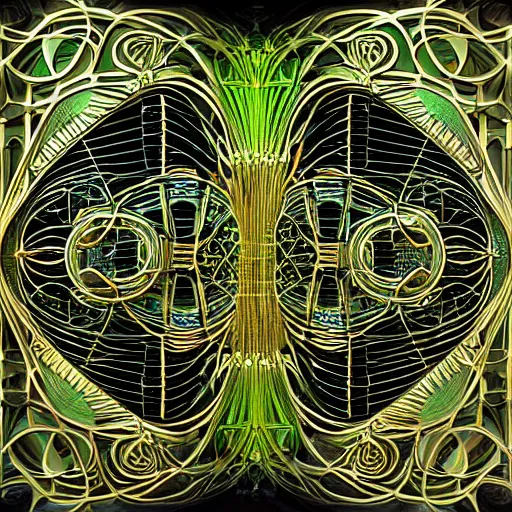 Image similar to an expansive 3d rendering beautiful and complex interwoven luminous fractal art nouveau deco elven mainframe computer forest made of circuit boards.