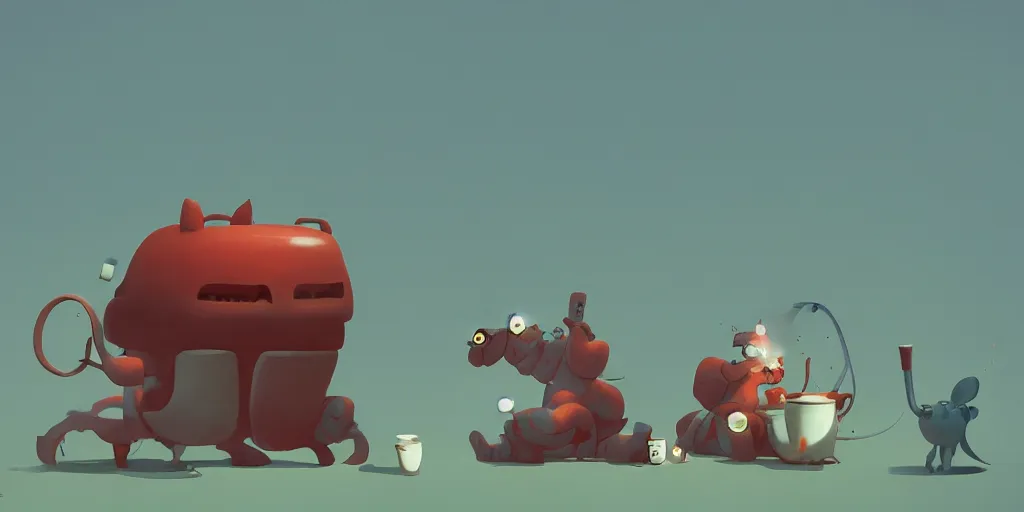 Image similar to cute monsters drinking tea by Goro Fujita and Simon Stalenhag , 8k, trending on artstation, hyper detailed, cinematic