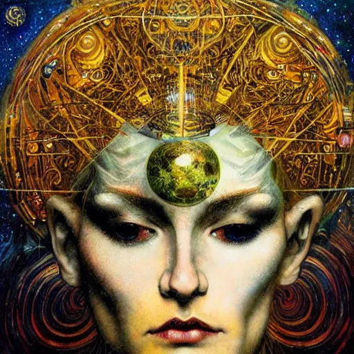 Prompt: Divine Chaos Engine by Karol Bak, Jean Deville, Gustav Klimt, and Vincent Van Gogh, beautiful visionary mystical portrait, otherworldly, fractal structures, ornate gilded medieval icon, third eye, spirals