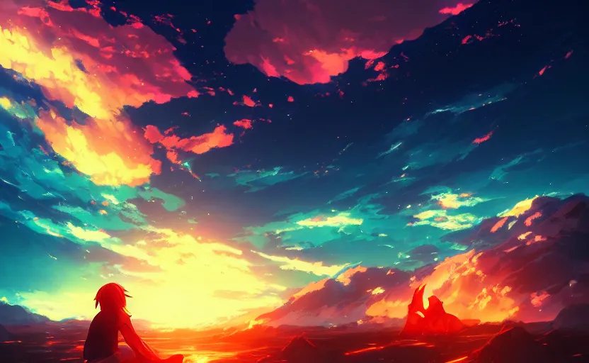 Image similar to anime scene background, anime painting, 3d render, hyper realistic, dramatic lighting, the sky is a nebula on fire, 8k hdr pixiv dslr photo by Makoto Shinkai ilya kuvshinov and Wojtek Fus, digital art, concept art,