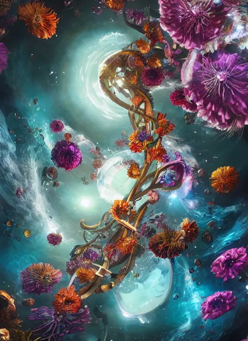 Image similar to An epic fantastic realism comic book style painting of the most beautiful spiraling entwined flowers launched exquisitely across the dark spinning universe, floating bouquets, fisheye, perfect shiny iridescent silver spheres, unreal 5, DAZ, hyperrealistic, octane render, dynamic lighting