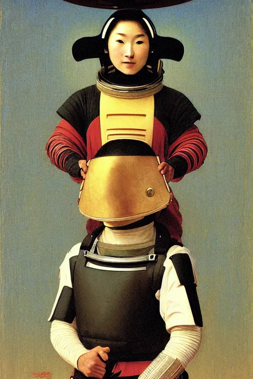 Image similar to portrait of samurai in astronaut helmets, by bouguereau