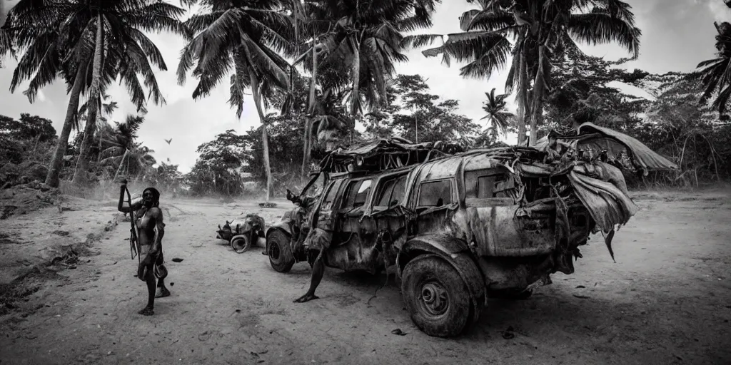 Image similar to sri lankan mad max style, jungle, film still, epic shot cinematography, rule of thirds