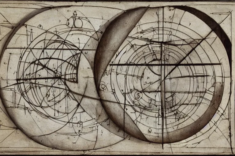 Prompt: construction draft of a wooden perpetuum mobile by Leonardo da Vinci, highly detailed, geometric shape, spheres, wheels, symmetry, with small handwritten notes