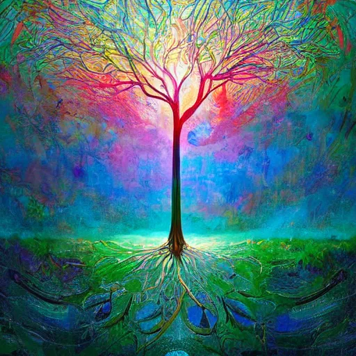 Prompt: tree of life 8 k 3 d 8 k resolution detailed painting maximalist trending on artstation unreal engine abstract matte background beautiful vibrant colors ; detailed matte painting hyperdetailed dan mumford cubism hypermodernism