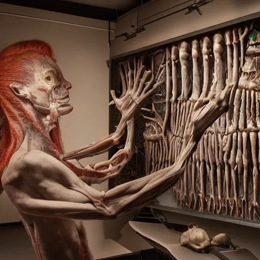 Image similar to inside a museum, a room where anatomical body parts are piece of arts by Rob Bottin, very detailed, ultra realistic photography